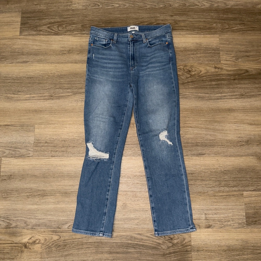 PAIGE Cindy Speakeasy Destroyed Jeans High Rise Straight Blue Denim 30